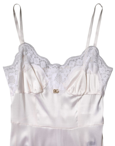 Dolce &amp; Gabbana Witte Kanten Gouden DG Logo Zijden Jurk Nachtkleding