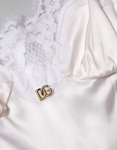 Dolce &amp; Gabbana Witte Kanten Gouden DG Logo Zijden Jurk Nachtkleding