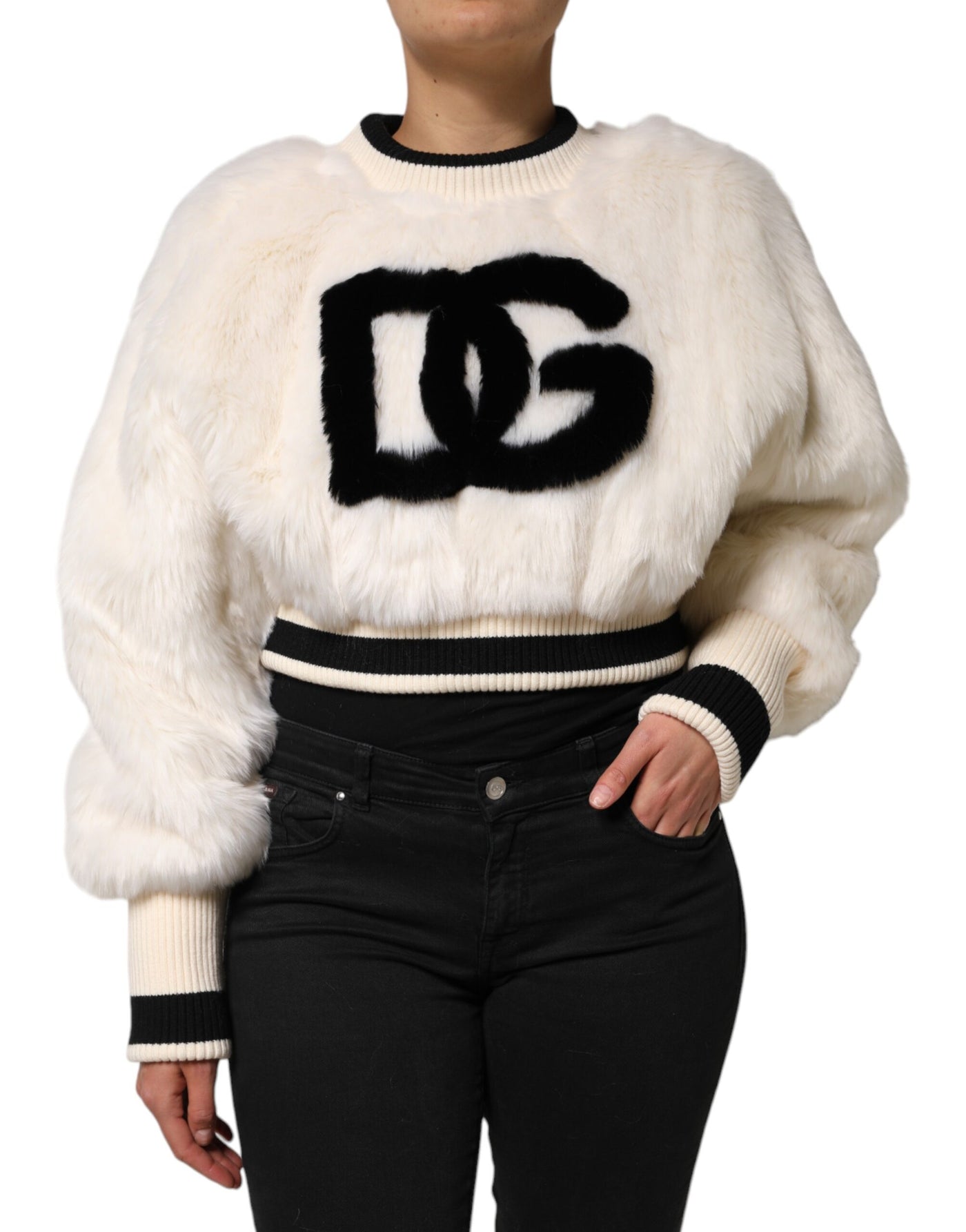 Pull-over court blanc en fausse fourrure Dolce &amp; Gabbana DG