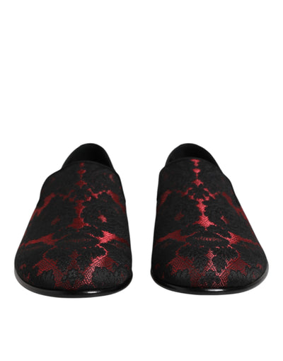 Dolce &amp; Gabbana Rode Zwarte Jacquard Slip On Heren Loafers Schoenen
