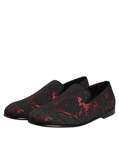 Dolce &amp; Gabbana Rode Zwarte Jacquard Slip On Heren Loafers Schoenen