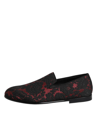 Dolce &amp; Gabbana Rode Zwarte Jacquard Slip On Heren Loafers Schoenen