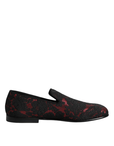 Dolce &amp; Gabbana Rode Zwarte Jacquard Slip On Heren Loafers Schoenen