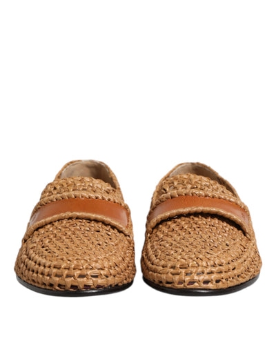 Dolce &amp; Gabbana Bruine Geweven Raffia Slip-On Loafers Schoenen
