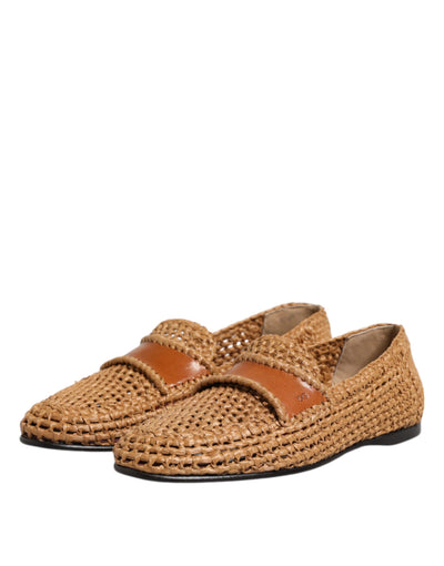 Dolce &amp; Gabbana Bruine Geweven Raffia Slip-On Loafers Schoenen