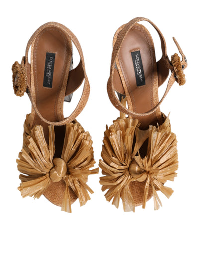 Dolce &amp; Gabbana Bruine Raffia Enkelband Kristallen Sandalen Schoenen
