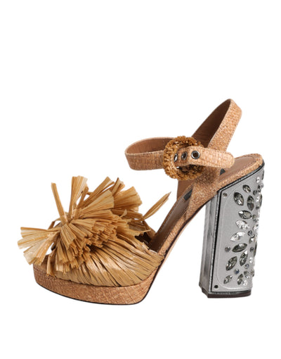Dolce &amp; Gabbana Bruine Raffia Enkelband Kristallen Sandalen Schoenen