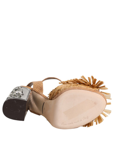 Dolce &amp; Gabbana Bruine Raffia Enkelband Kristallen Sandalen Schoenen