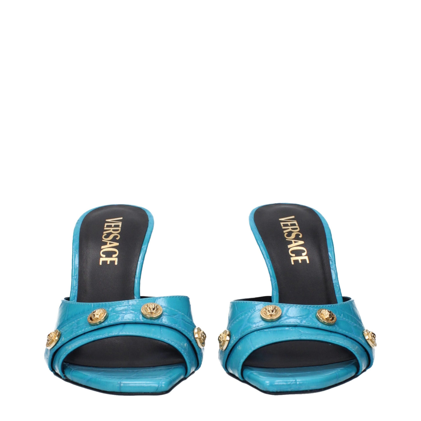 Sandales à talons aiguilles en cuir bleu clair Versace