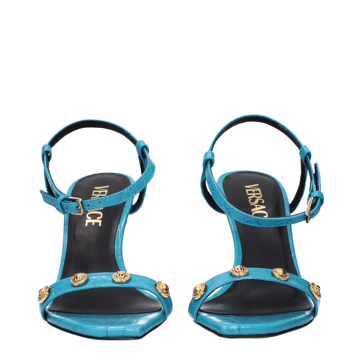 Sandales à talons aiguilles en cuir bleu Versace