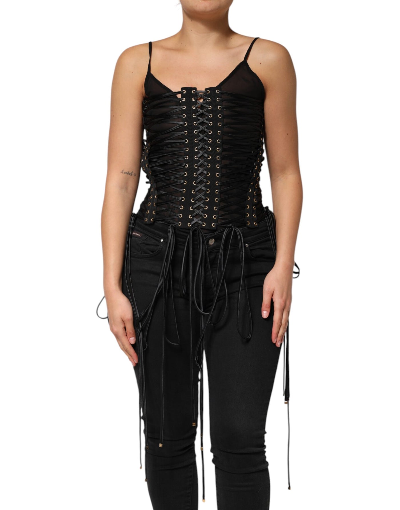 Dolce &amp; Gabbana Zwarte Top met Korset en Oogjesversiering