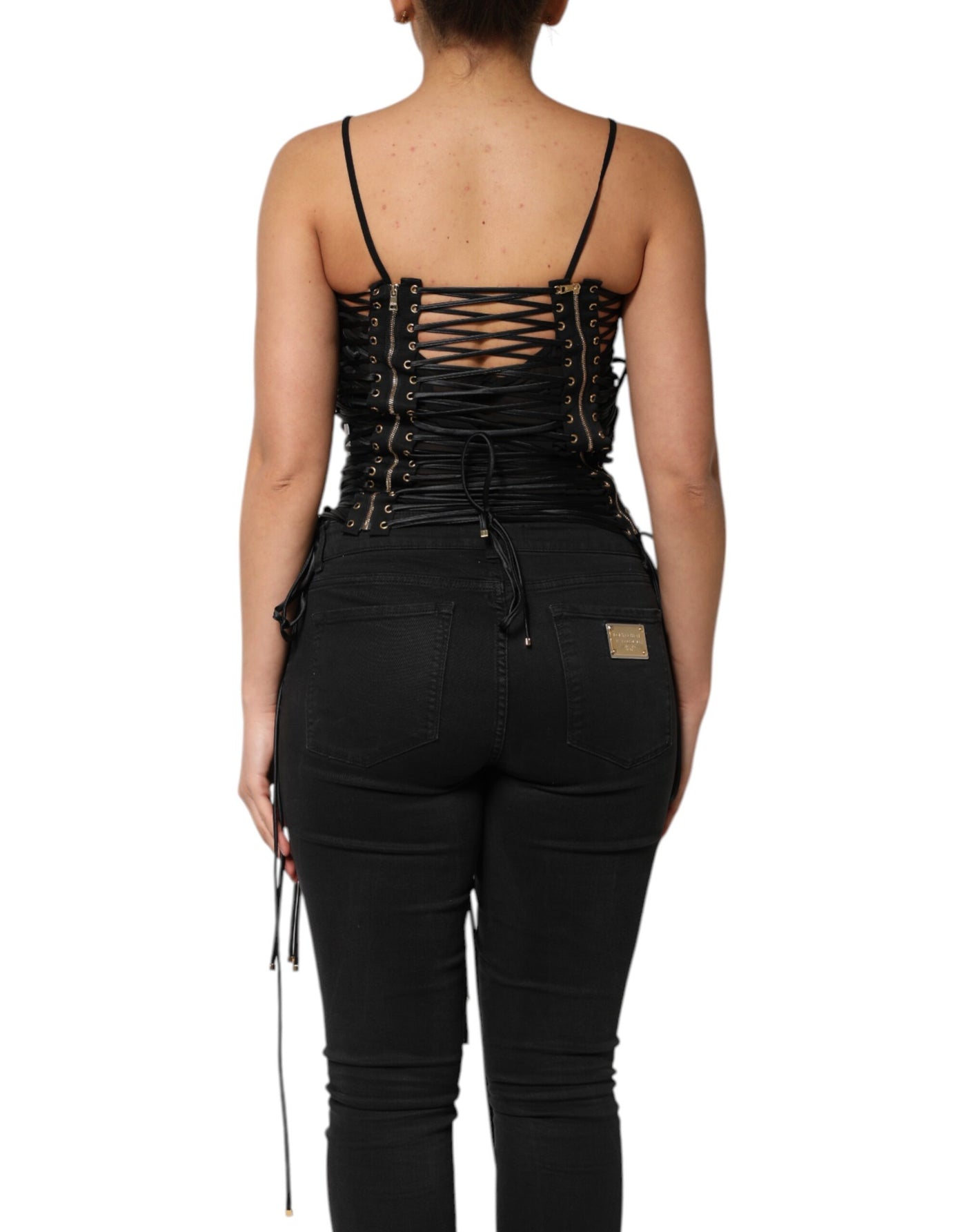 Dolce &amp; Gabbana Zwarte Top met Korset en Oogjesversiering