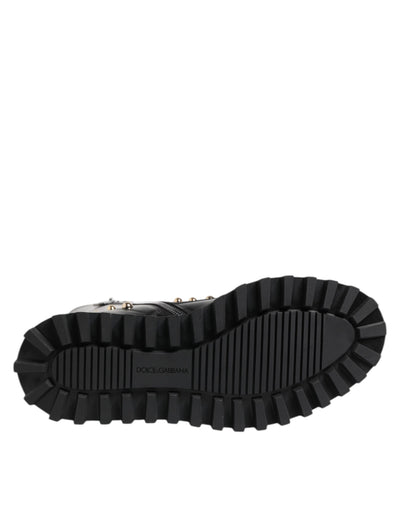 Dolce & Gabbana Black Studded Lace Up Mid Calf Boots Shoes
