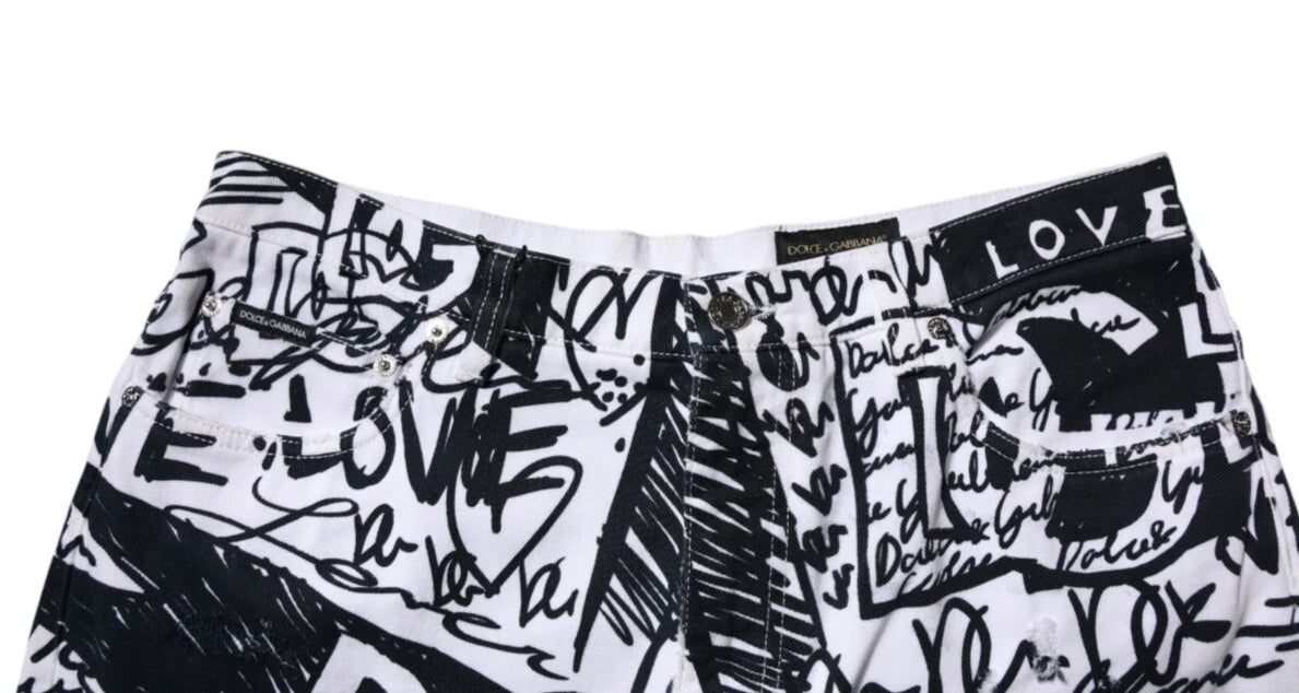 Dolce &amp; Gabbana Witte Graffiti Katoenen Heren Bermuda Denim Shorts