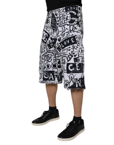 Dolce &amp; Gabbana Witte Graffiti Katoenen Heren Bermuda Denim Shorts