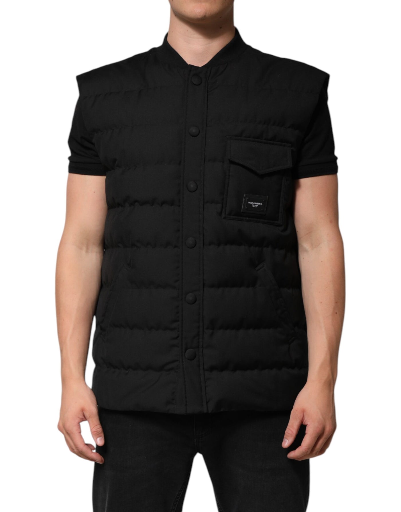Dolce &amp; Gabbana Zwarte Mouwloze Parka Logo Plaque Jas