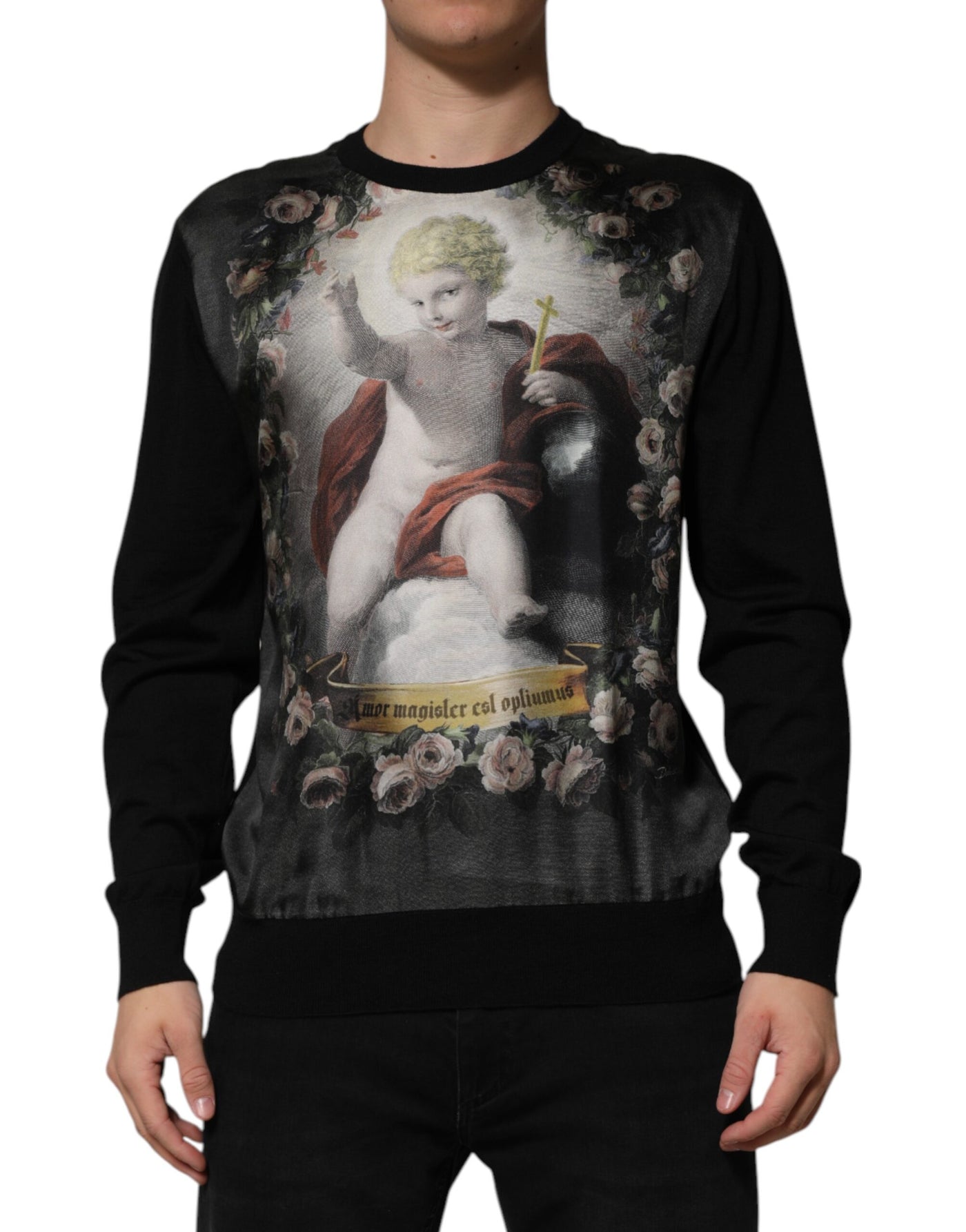 Pull baroque imprimé chérubin en cachemire noir Dolce &amp; Gabbana