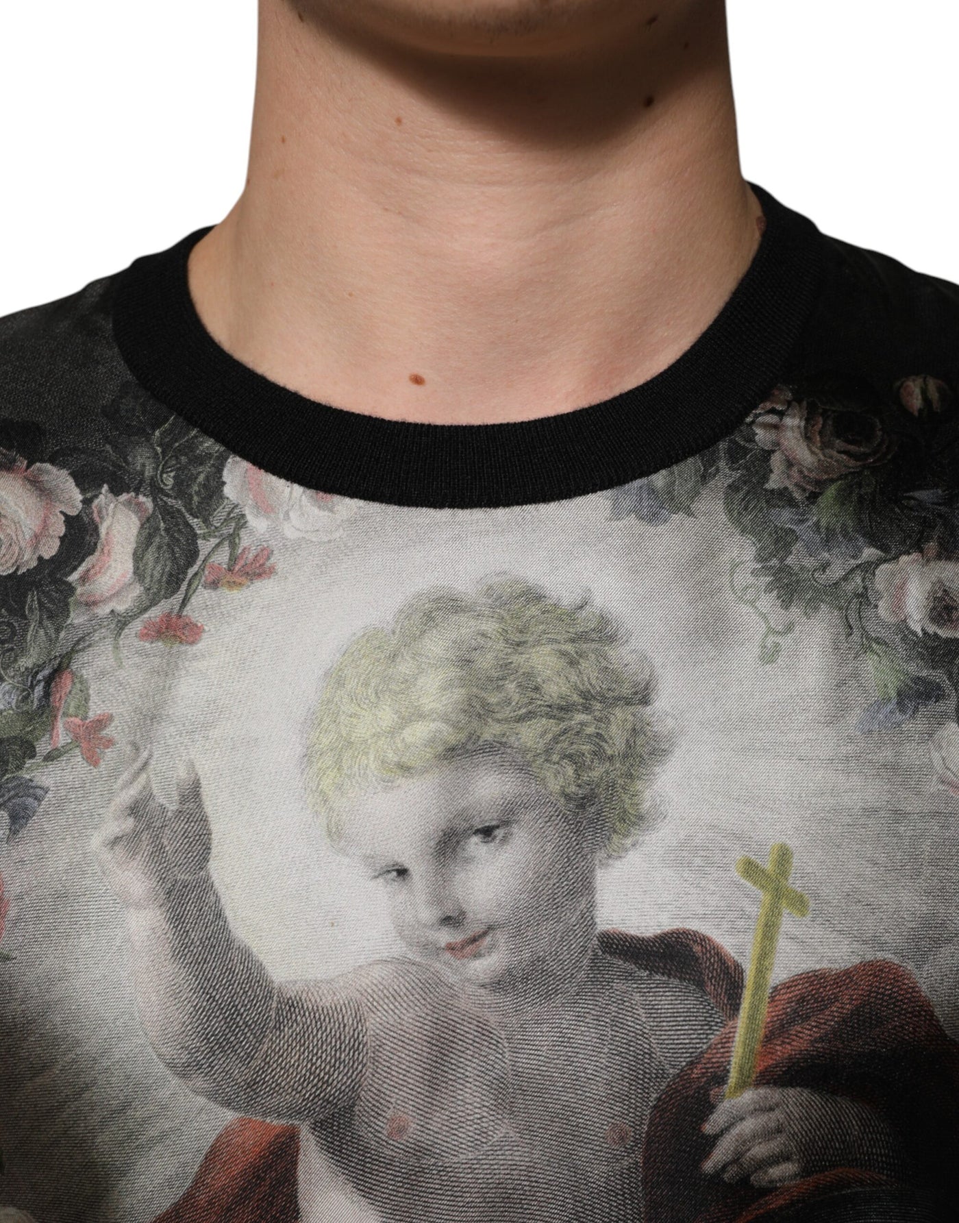 Pull baroque imprimé chérubin en cachemire noir Dolce &amp; Gabbana