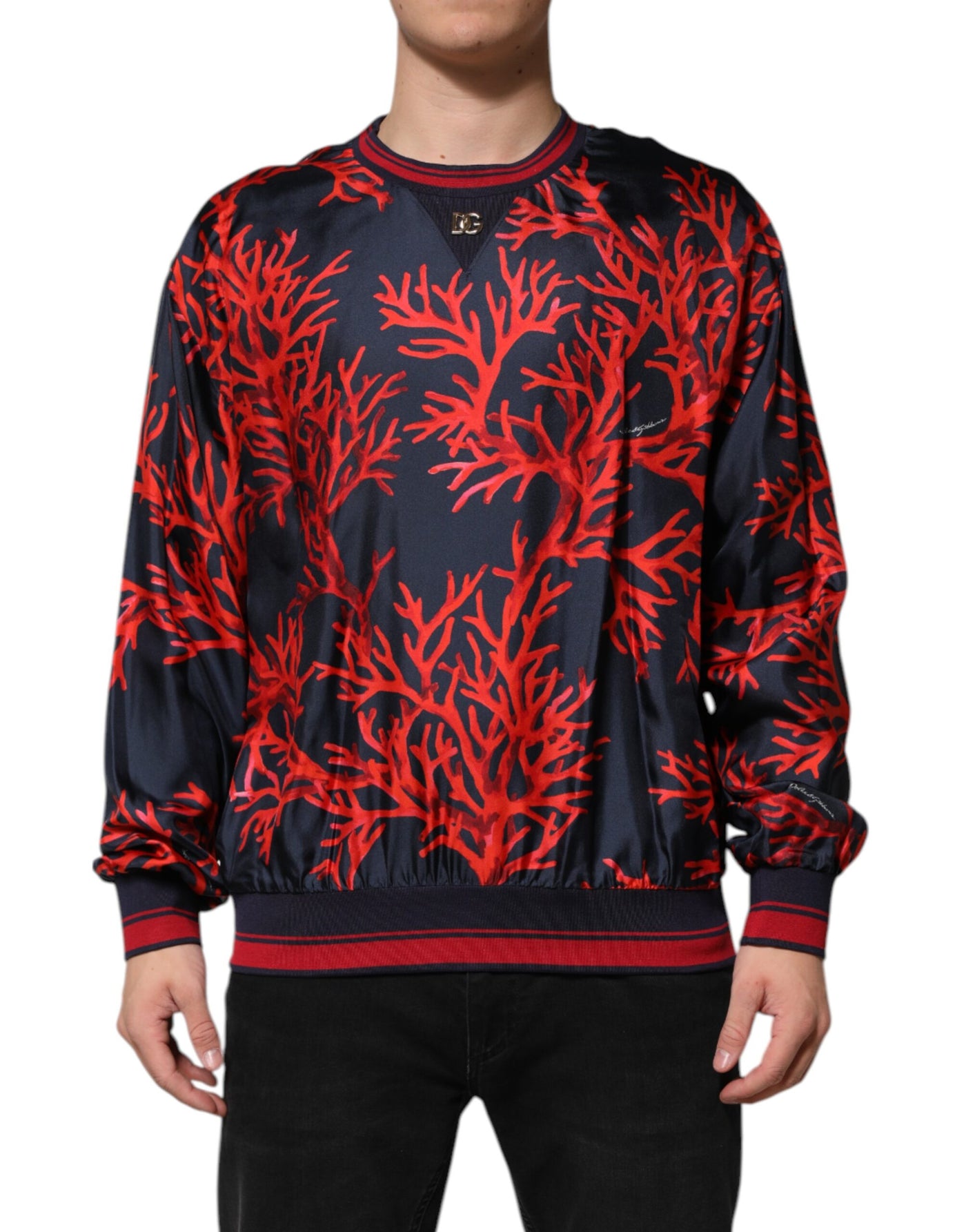 Pull Dolce &amp; Gabbana en soie bleu marine et rouge à imprimé corail