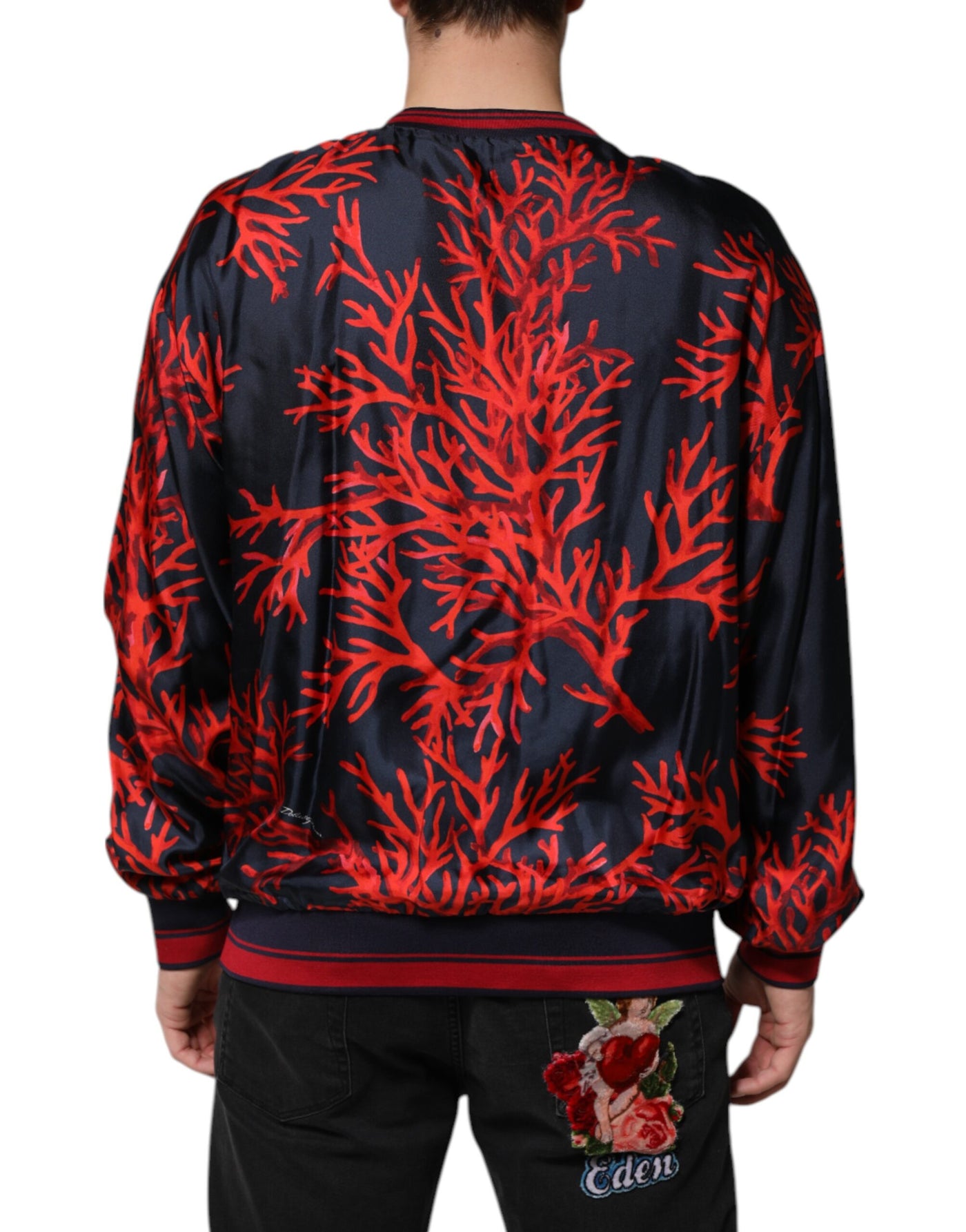 Pull Dolce &amp; Gabbana en soie bleu marine et rouge à imprimé corail