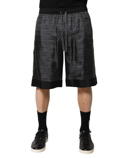 Dolce &amp; Gabbana Grijze Zwarte Zijden DG Logo Heren Bermuda Shorts