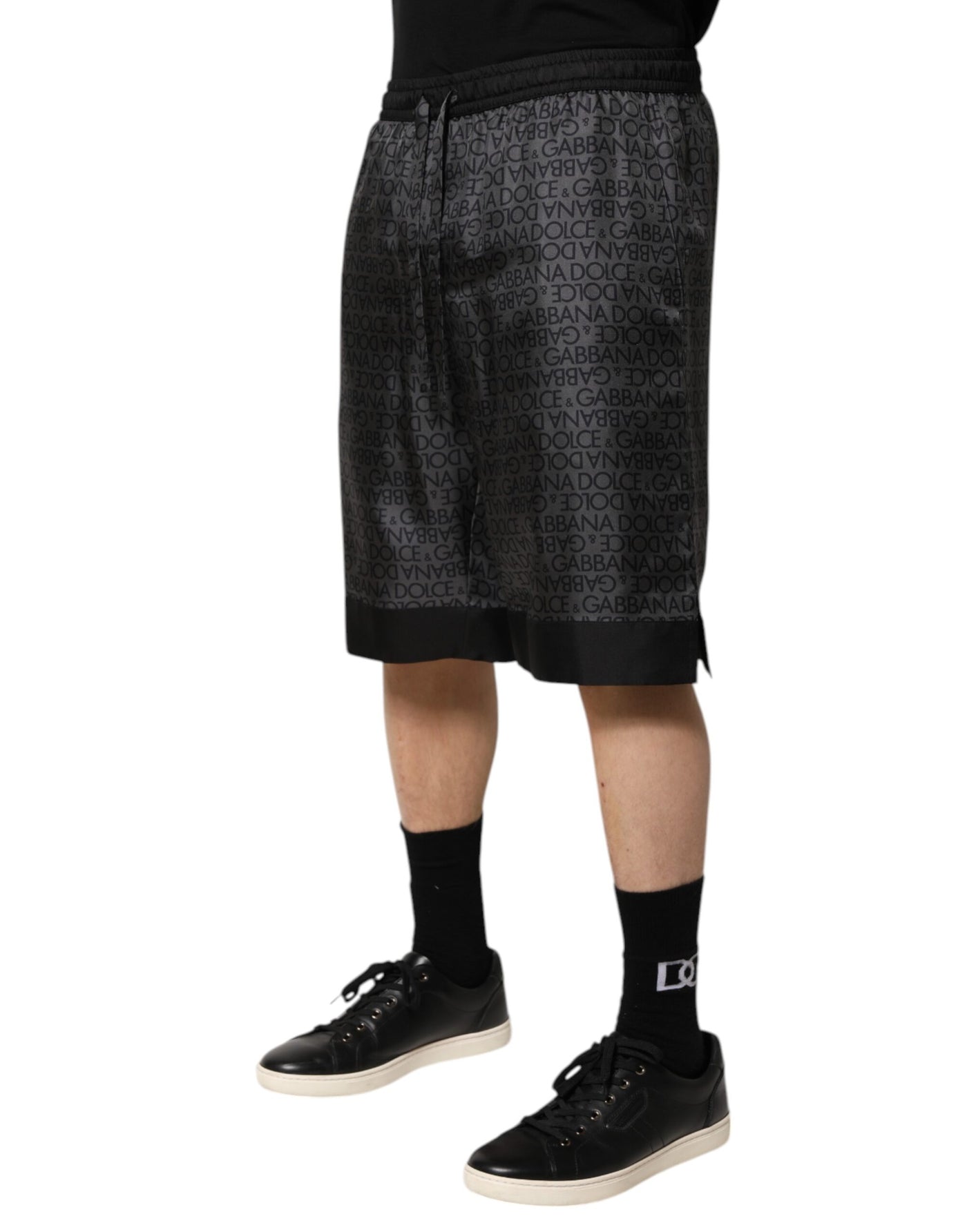 Dolce &amp; Gabbana Grijze Zwarte Zijden DG Logo Heren Bermuda Shorts