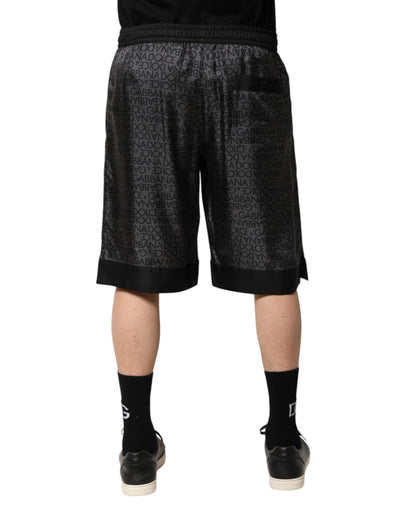 Dolce &amp; Gabbana Grijze Zwarte Zijden DG Logo Heren Bermuda Shorts