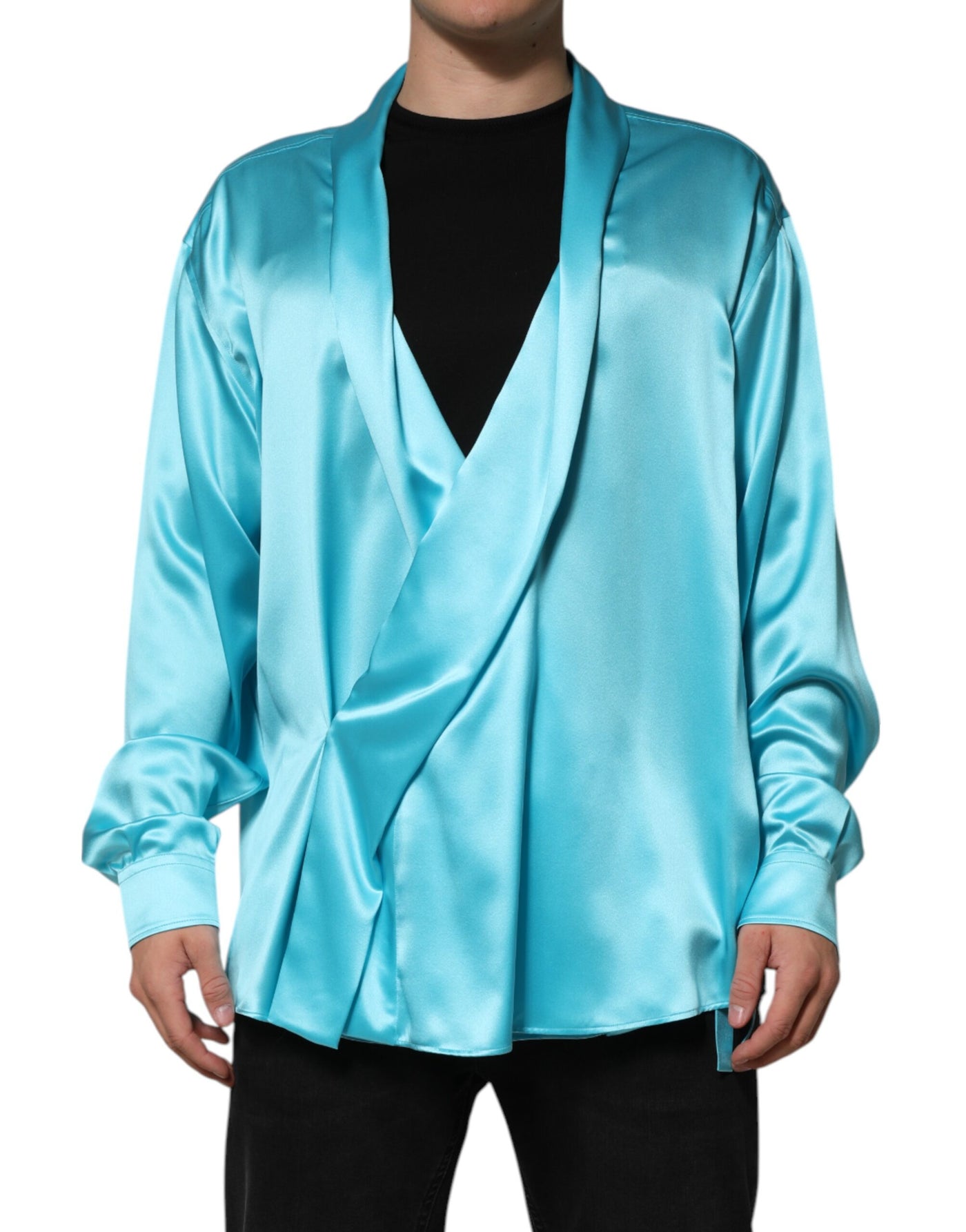 Pull cache-cœur à manches longues en soie bleu aqua Dolce &amp; Gabbana