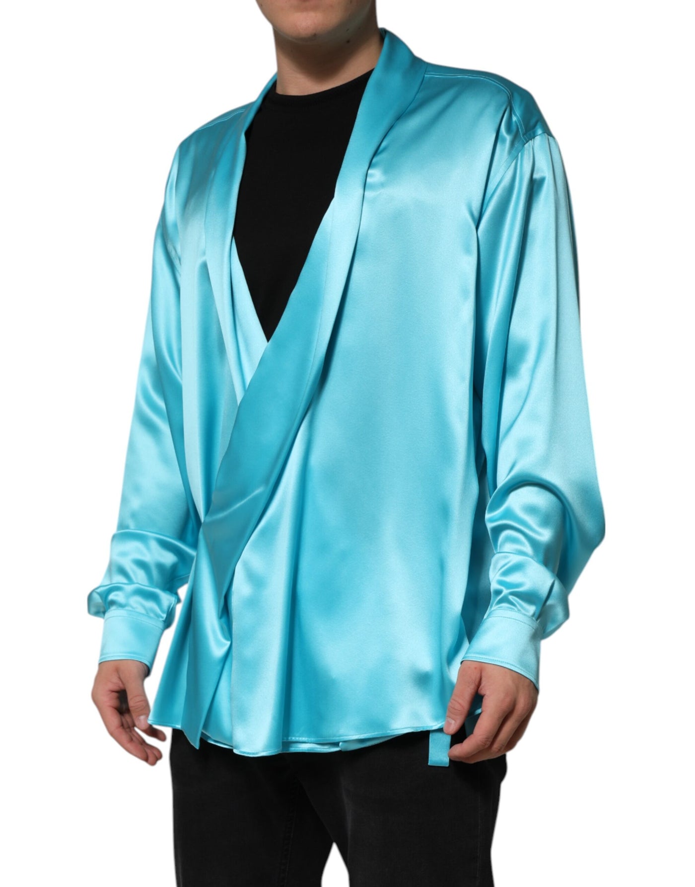 Pull cache-cœur à manches longues en soie bleu aqua Dolce &amp; Gabbana