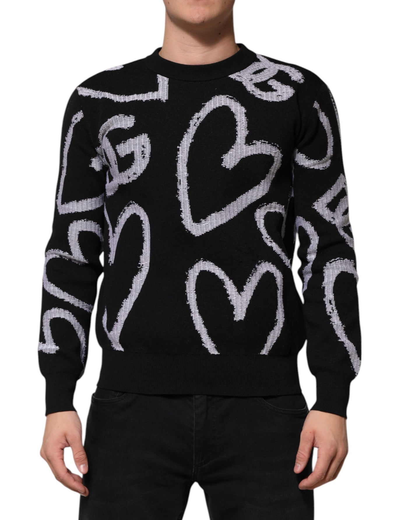 Pull Dolce &amp; Gabbana en laine et nylon noir à imprimé cœur