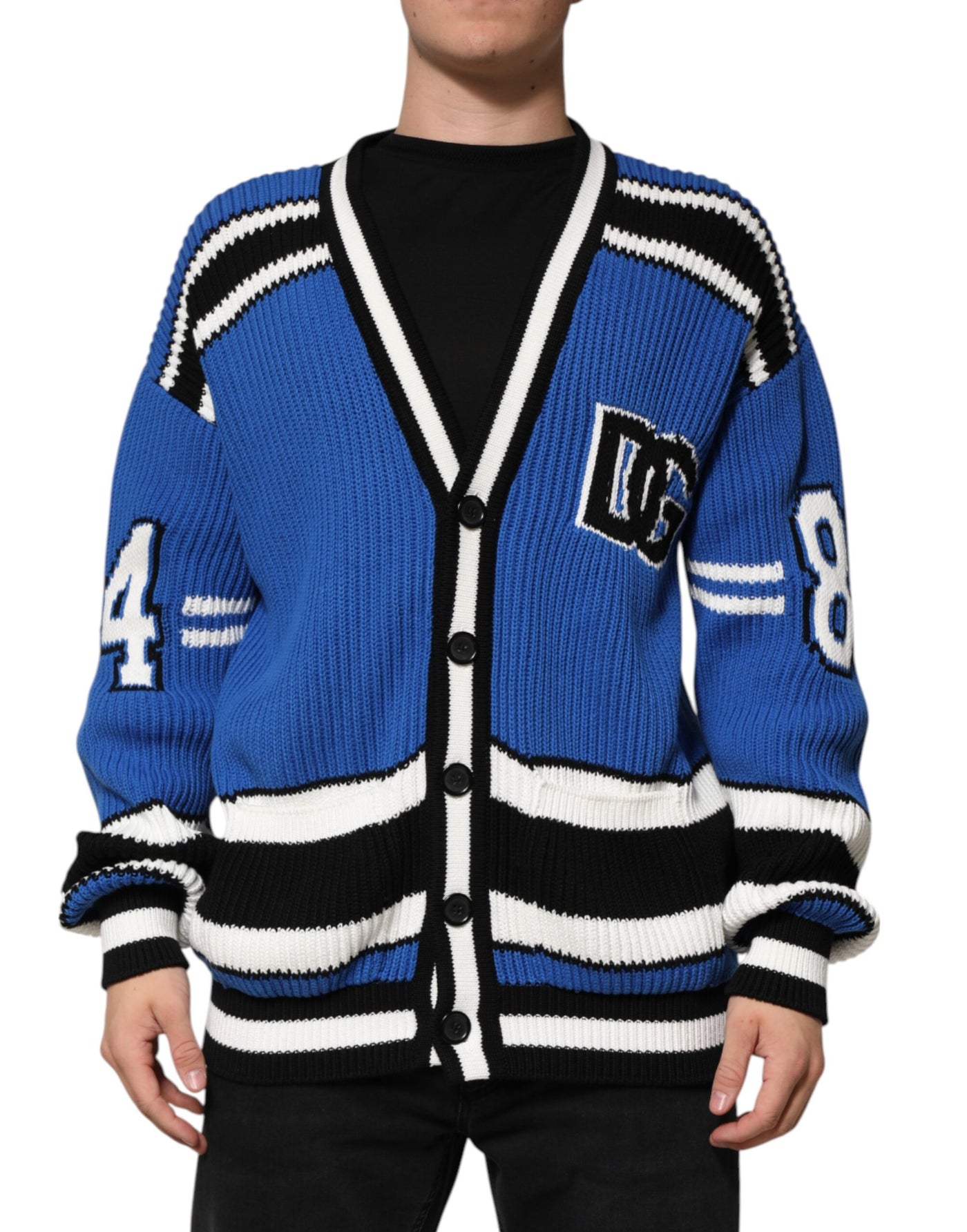Pull cardigan en maille côtelée à patch logo en coton bleu Dolce &amp; Gabbana