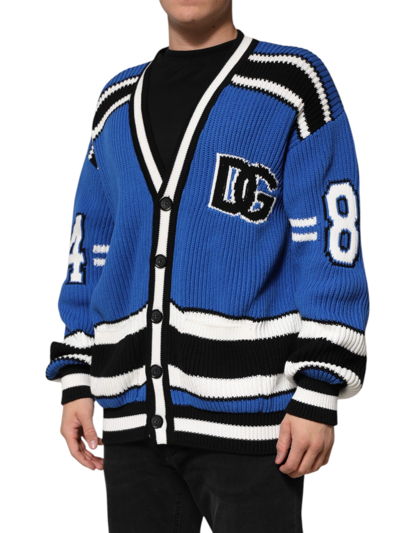 Pull cardigan en maille côtelée à patch logo en coton bleu Dolce &amp; Gabbana