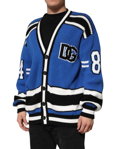Pull cardigan en maille côtelée à patch logo en coton bleu Dolce &amp; Gabbana