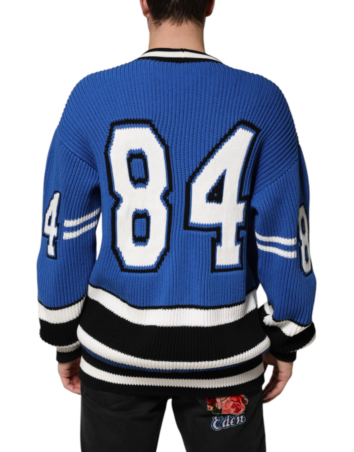 Pull cardigan en maille côtelée à patch logo en coton bleu Dolce &amp; Gabbana