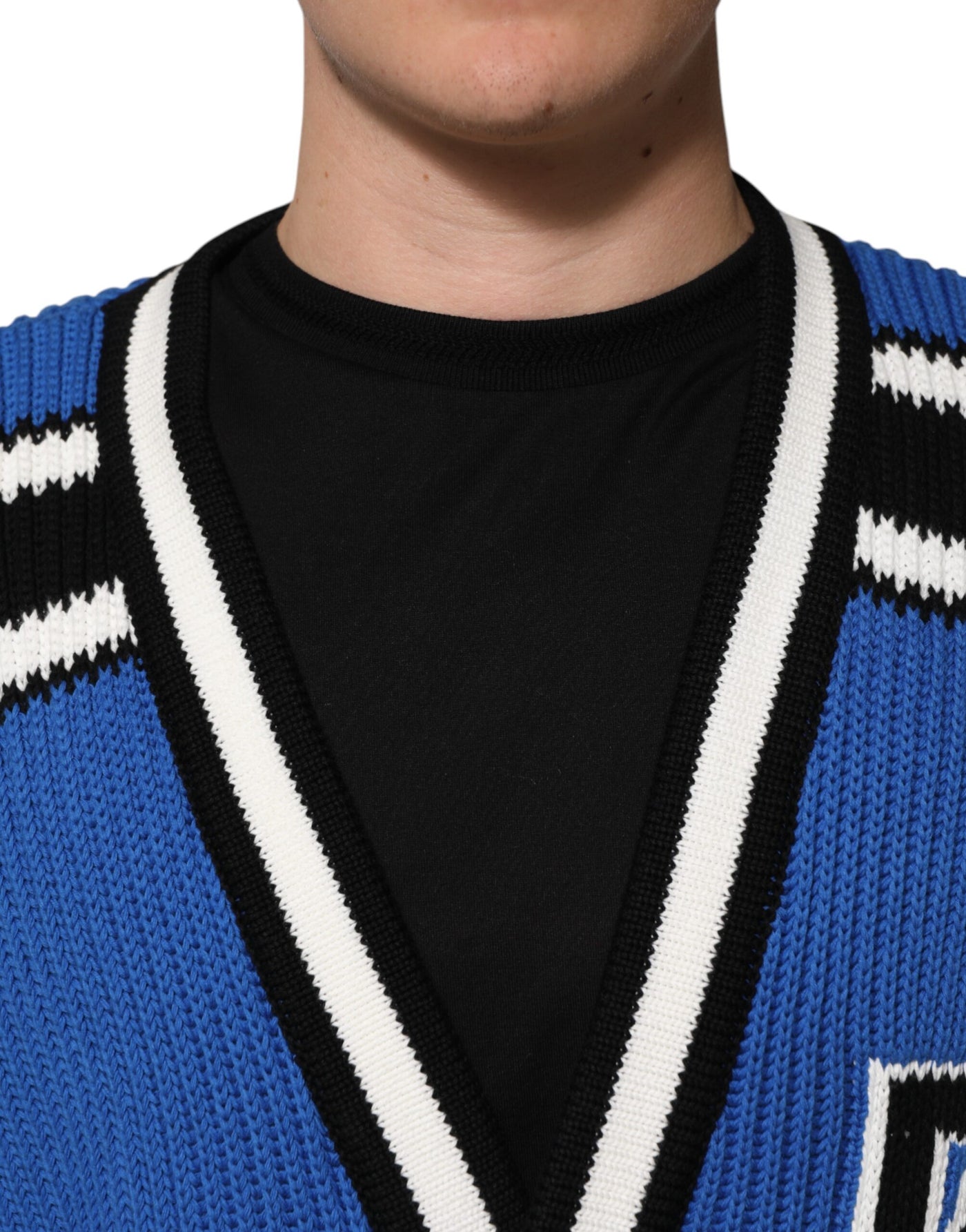 Pull cardigan en maille côtelée à patch logo en coton bleu Dolce &amp; Gabbana