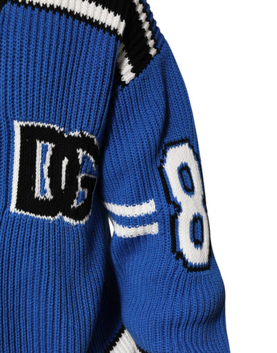 Pull cardigan en maille côtelée à patch logo en coton bleu Dolce &amp; Gabbana