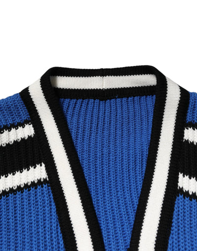 Pull cardigan en maille côtelée à patch logo en coton bleu Dolce &amp; Gabbana