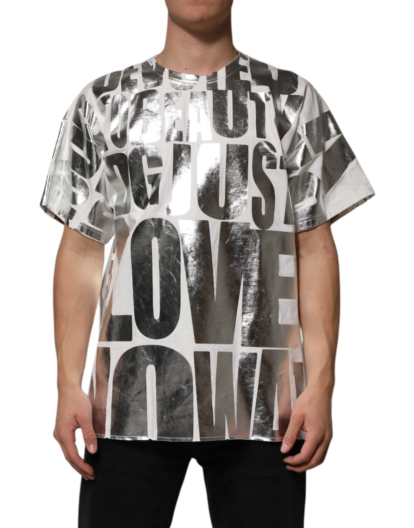 T-shirt Dolce &amp; Gabbana en coton blanc avec slogan imprimé métallisé argenté