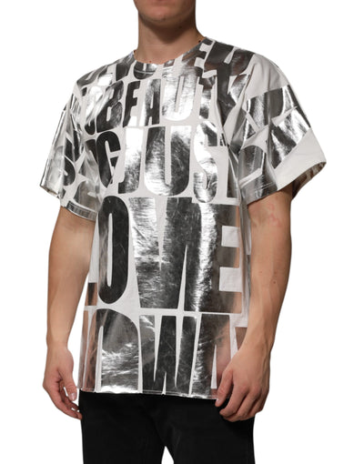 T-shirt Dolce &amp; Gabbana en coton blanc avec slogan imprimé métallisé argenté