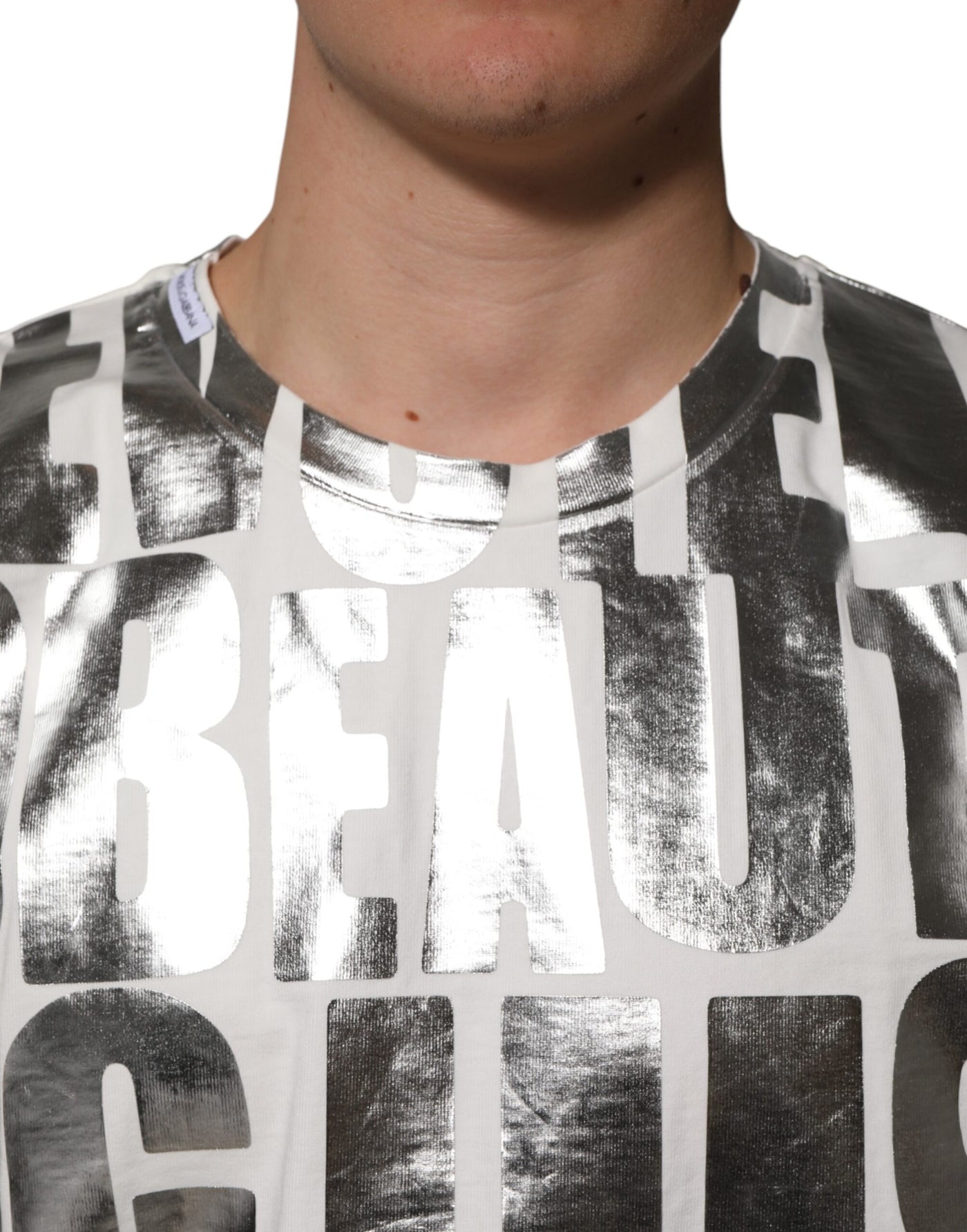T-shirt Dolce &amp; Gabbana en coton blanc avec slogan imprimé métallisé argenté