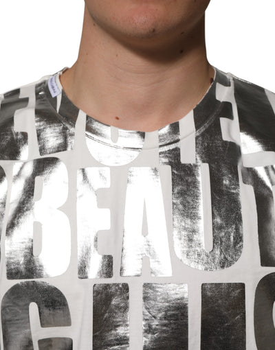 T-shirt Dolce &amp; Gabbana en coton blanc avec slogan imprimé métallisé argenté