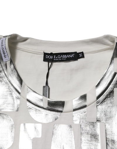 T-shirt Dolce &amp; Gabbana en coton blanc avec slogan imprimé métallisé argenté