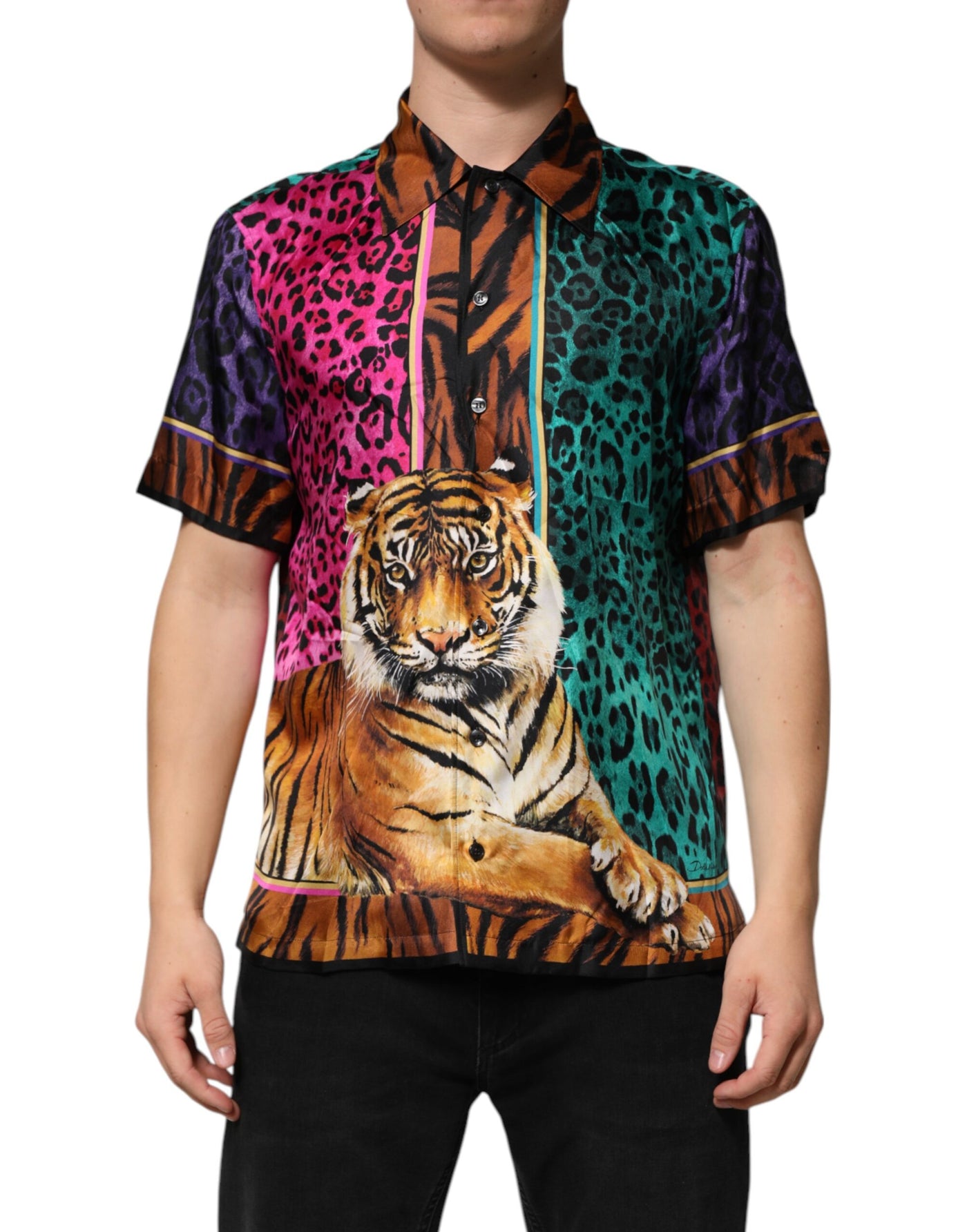 T-shirt hawaïen en soie multicolore à imprimé tigre Dolce &amp; Gabbana