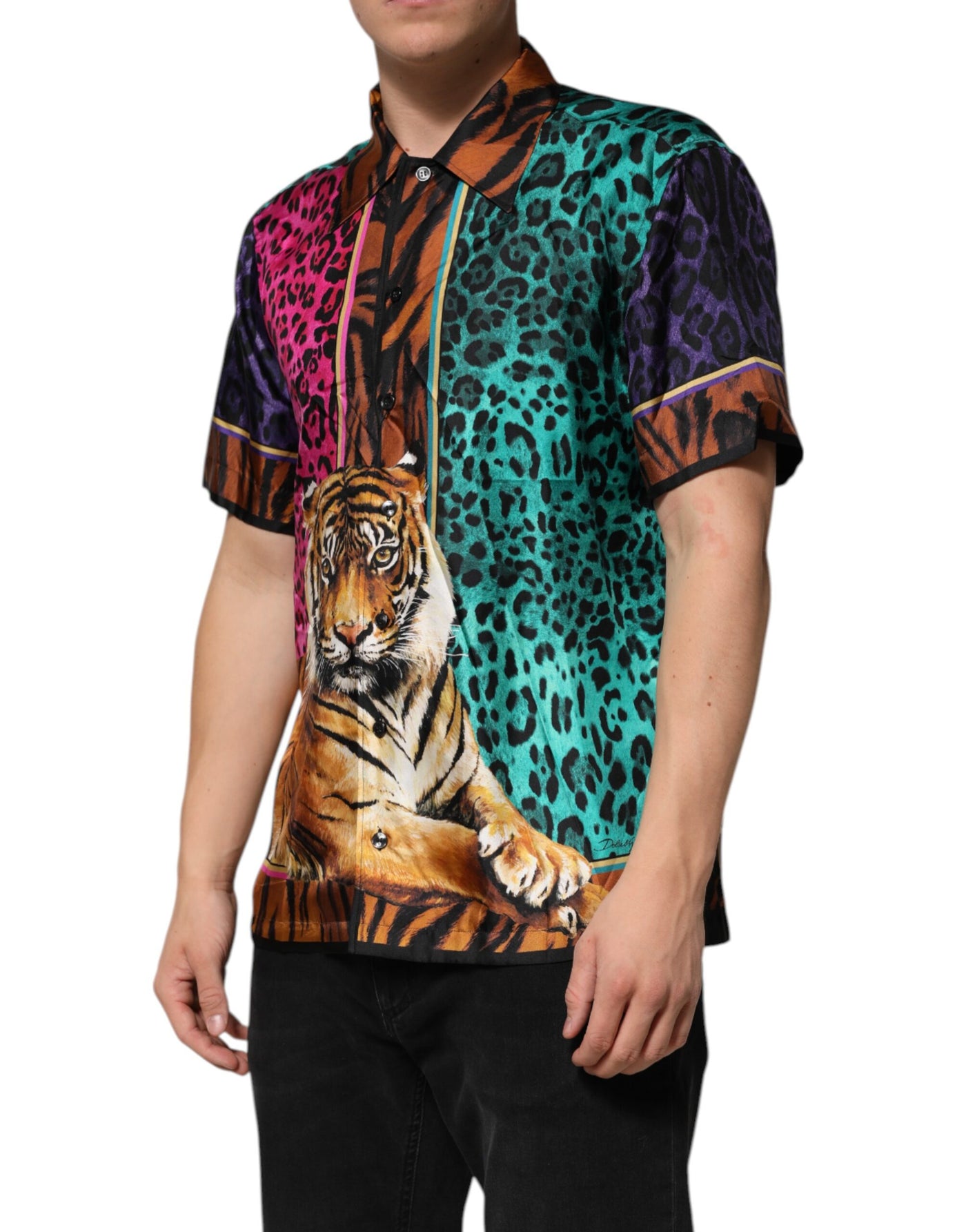 T-shirt hawaïen en soie multicolore à imprimé tigre Dolce &amp; Gabbana