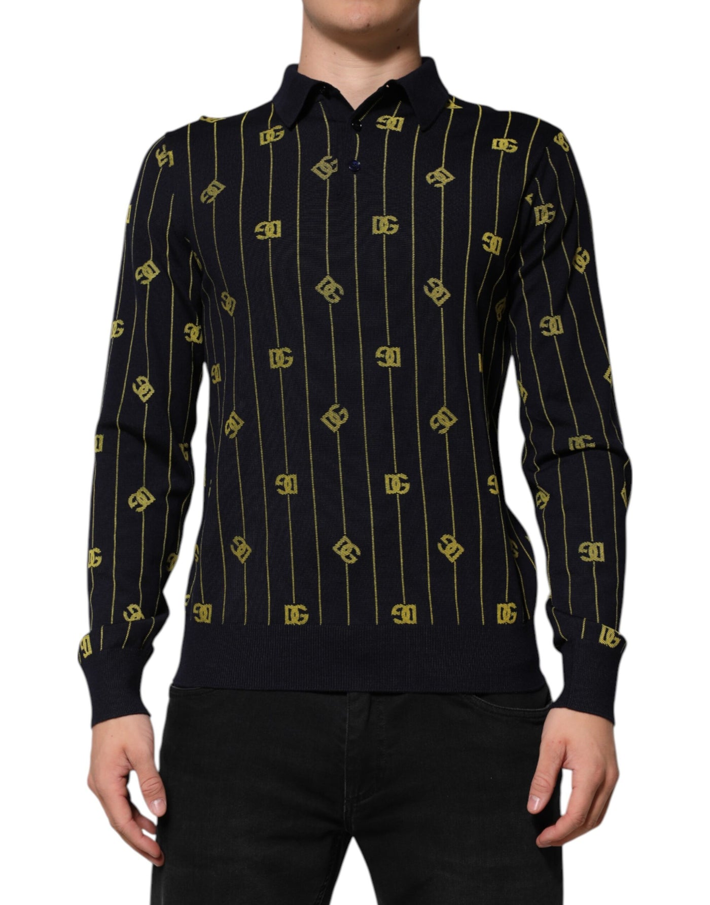 T-shirt polo en maille jacquard à logo noir Dolce &amp; Gabbana