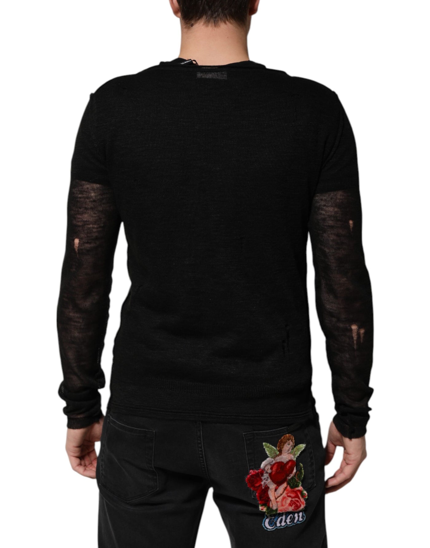T-shirt à manches longues en maille de lin noir Dolce &amp; Gabbana