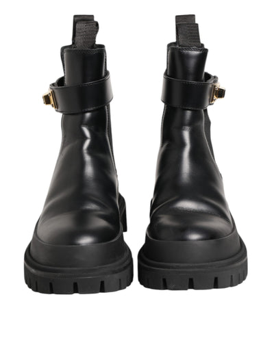 Dolce & Gabbana Black Calfskin DG Logo Strap Ankle Boots Shoes