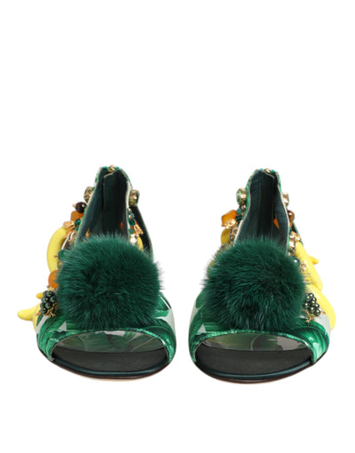 Sandales Dolce &amp; Gabbana en satin et fourrure de vison vert et feuille de bananier