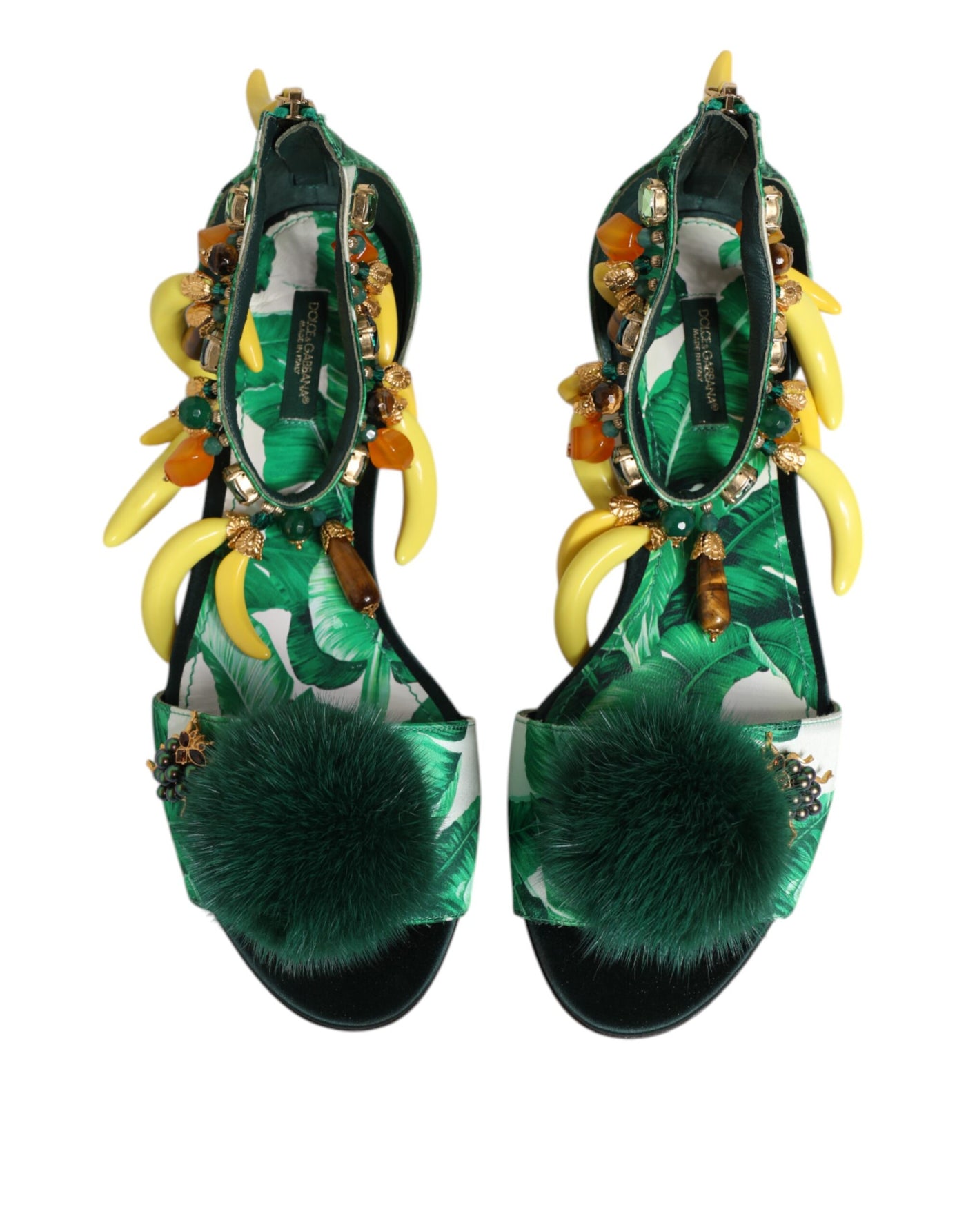Sandales Dolce &amp; Gabbana en satin et fourrure de vison vert et feuille de bananier
