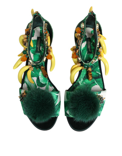 Sandales Dolce &amp; Gabbana en satin et fourrure de vison vert et feuille de bananier